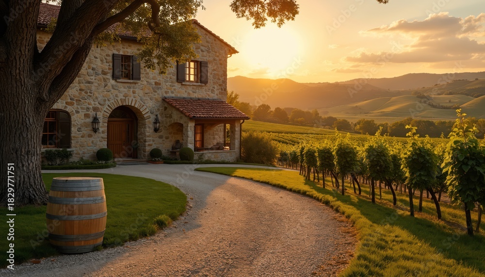 Obraz premium Stone villa sits on rolling hills with vineyard at sunset. Warm golden light bathes Tuscan landscape, showing charm and peaceful rural retreat. Ideal vacation getaway.
