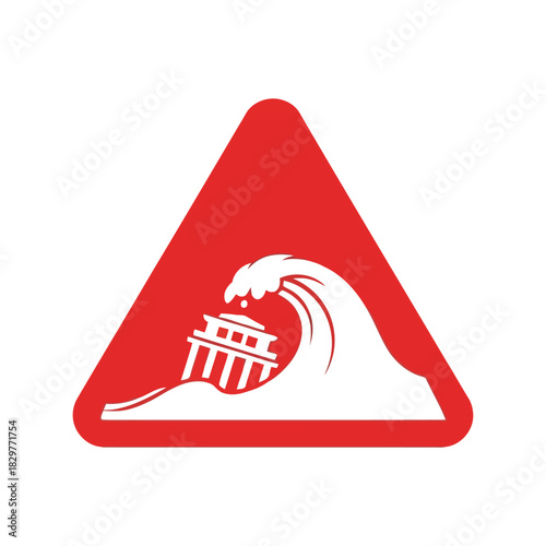 Tsunami warning sign icon: building hit by powerful wave Vector