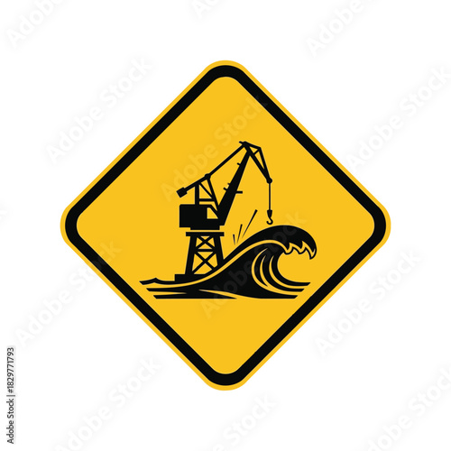 Tsunami hazard warning sign: coastal crane emergency icon Vector