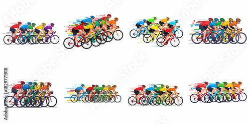 Dynamic Vector Collection of Cyclists Racing: Professional Bicycle Riders in Colorful Peloton Illustrations with Speed Lines.