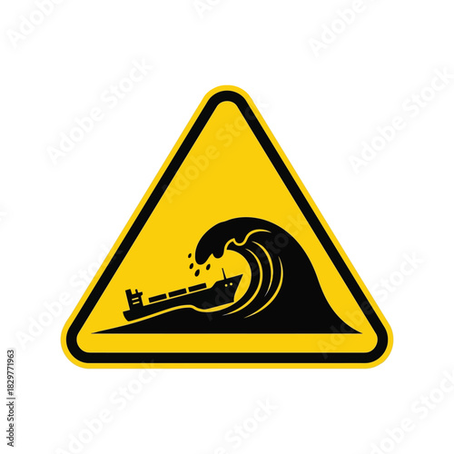 Tsunami warning sign: ship in ocean wave danger icon vector Vector
