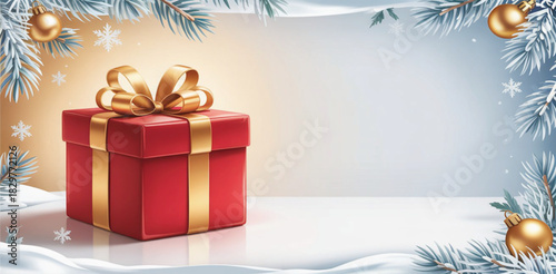 A high-detail, photorealistic 3D render of a single vibrant red gift box tied with a perfect gold bow, situated on a reflective white surface