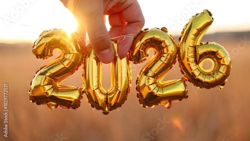 Close-up of a hand holding shiny gold balloons shaped as the numbers 2026 glowing in warm sunset light. Golden-hour atmosphere with soft flares, warm highlights, and rich amber tones.