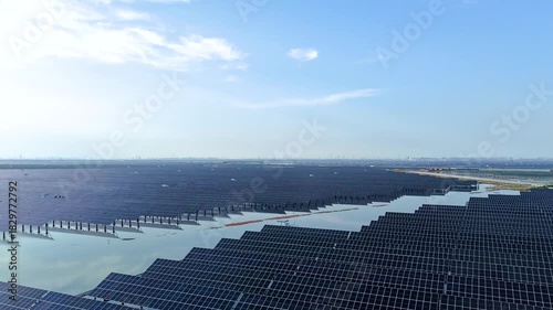Time-lapse aerial photography of photovoltaic solar panels on the sea surface in Tianjin