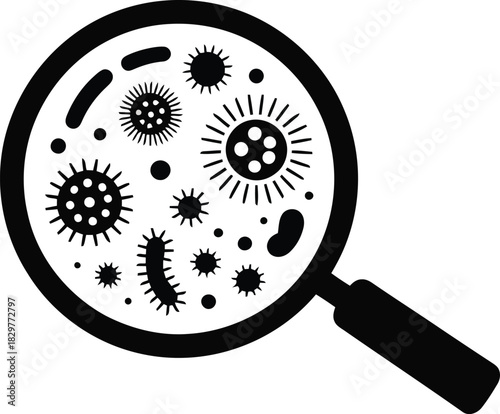 A magnifying glass provides a magnified view of numerous distinct viruses and bacteria