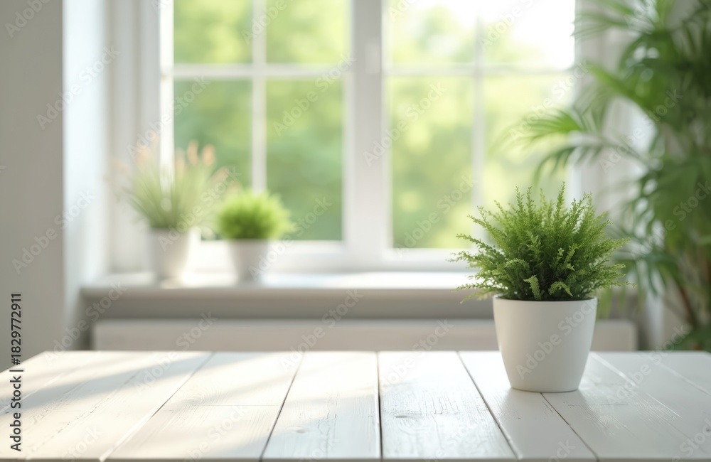 Fototapeta premium White wood table in modern living space. Small green potted plant on desk. Blurred window shows nature outside. Bright room with decor, plants, natural light, home interior.