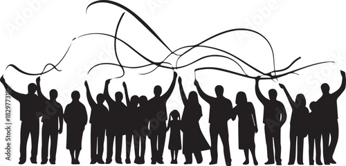 World aids day silhouettes of diverse people holding up red ribbons showing unity and hope