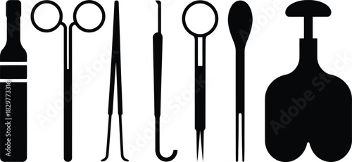 A minimalist arrangement of black silhouette icons depicting various medical and dental instruments with bottles