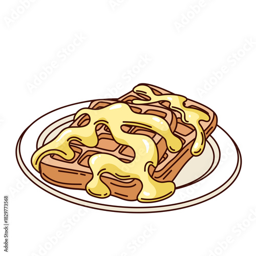 Waffles with syrup in groovy cartoon outline style, cute breakfast waffles with glossy topping and bold sweet details, breakfast snack drawing, vector illustration.