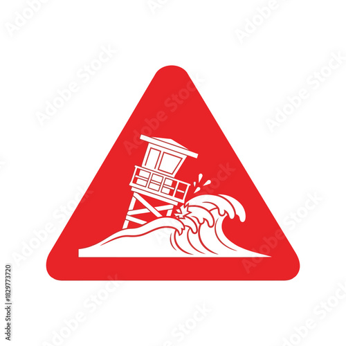 Tsunami warning sign: lifeguard tower & giant wave danger icon Vector