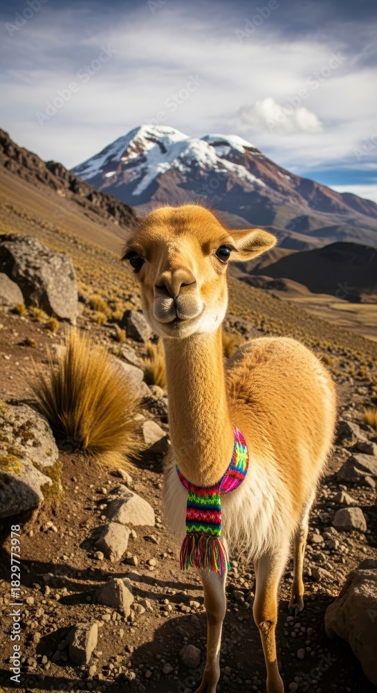 Fototapeta premium Andean heights vicu?a portrait amidst a rugged landscape with snow-capped peak gazing