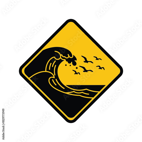 Rough sea wave and birds warning sign vector graphic Vector