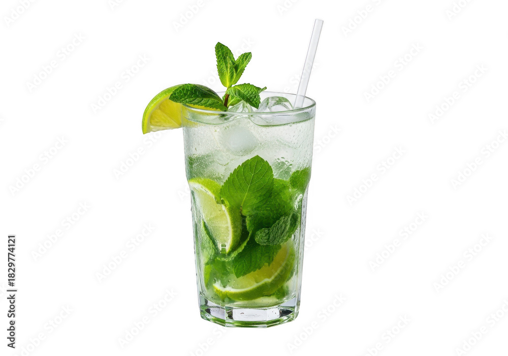 Naklejka premium Refreshing mojito cocktail with lime and mint leaves isolated on transparent background