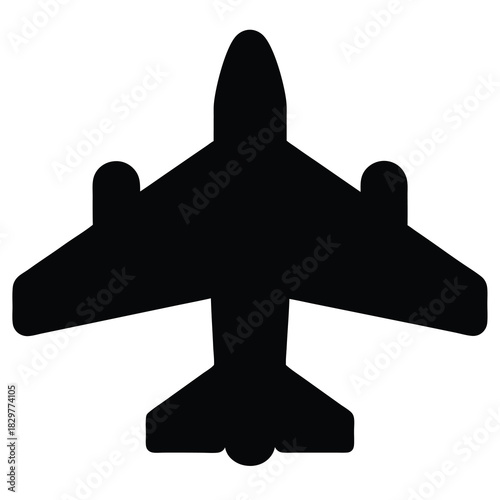 Black silhouette of a commercial airplane on a white background with wings