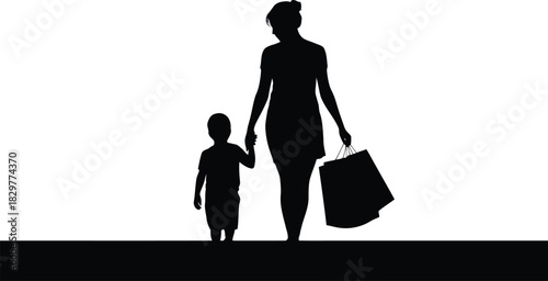 A mother and her small child stand united with their shopping bags on a clean white space