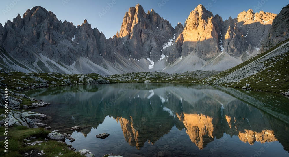 Obraz premium Serene mountain range reflected in a calm, clear lake, lit by warm morning sunlight