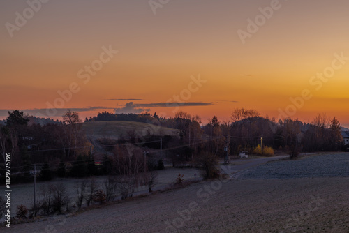 Frosty sunrise view in autumn morning near Vlachovo Brezi CZ