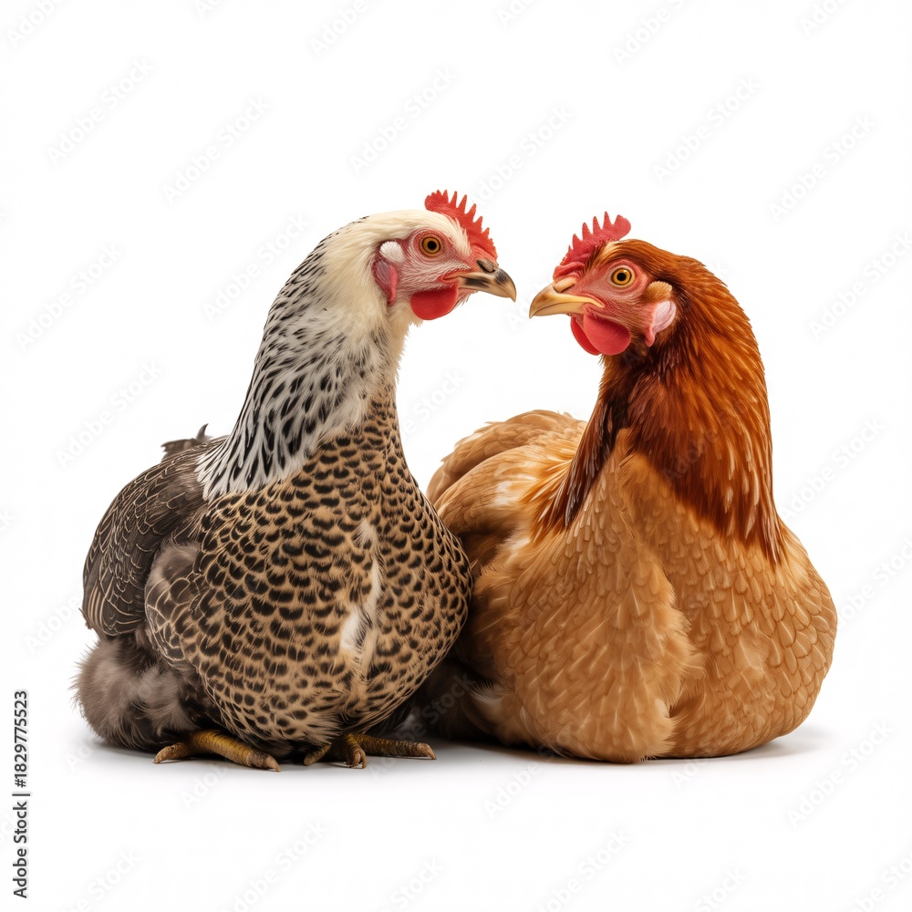 Fototapeta premium Two Domestic Chickens Sitting Together on White Background