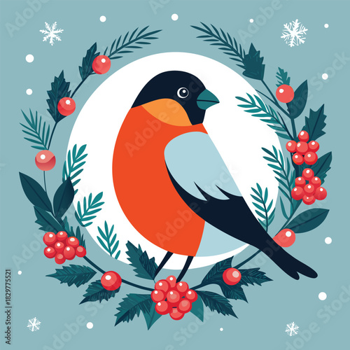 Winter Bullfinch with Festive Wreath