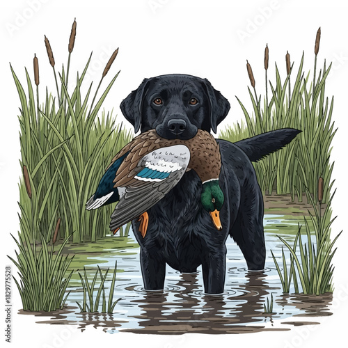 Black Labrador standing in marsh water with a mallard duck in its mouth during a retrieve