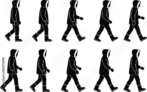 Walking silhouette sequence, hooded coat motion poses, human gait cycle icons, black white vector set, cad drawing flat vector illustration