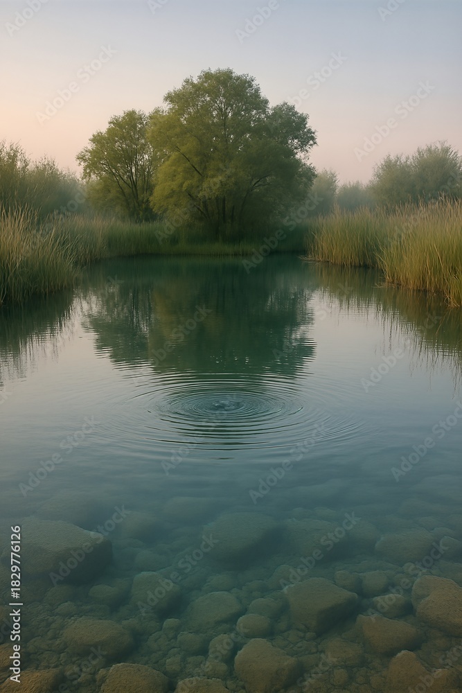 Fototapeta premium Reed-ringed pool with spreading ripples