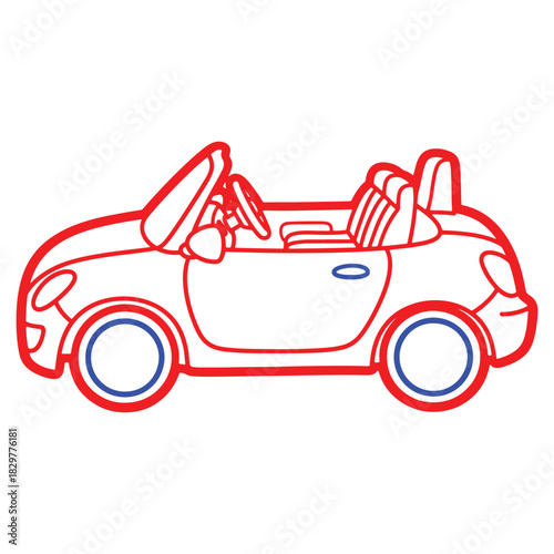 A cheerful red and blue convertible car line art illustration offering a vibrant and minimalist transportation graphic with open top design