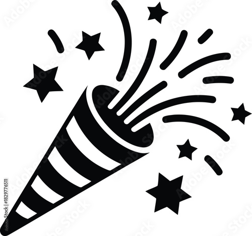 A striking monochrome emblem showing a party popper launching an exciting burst of stars