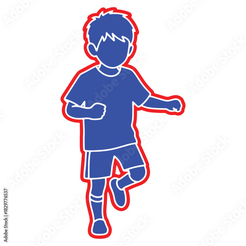 A boy running happily in blue and red outline vector illustration representing childhood fun and active lifestyle