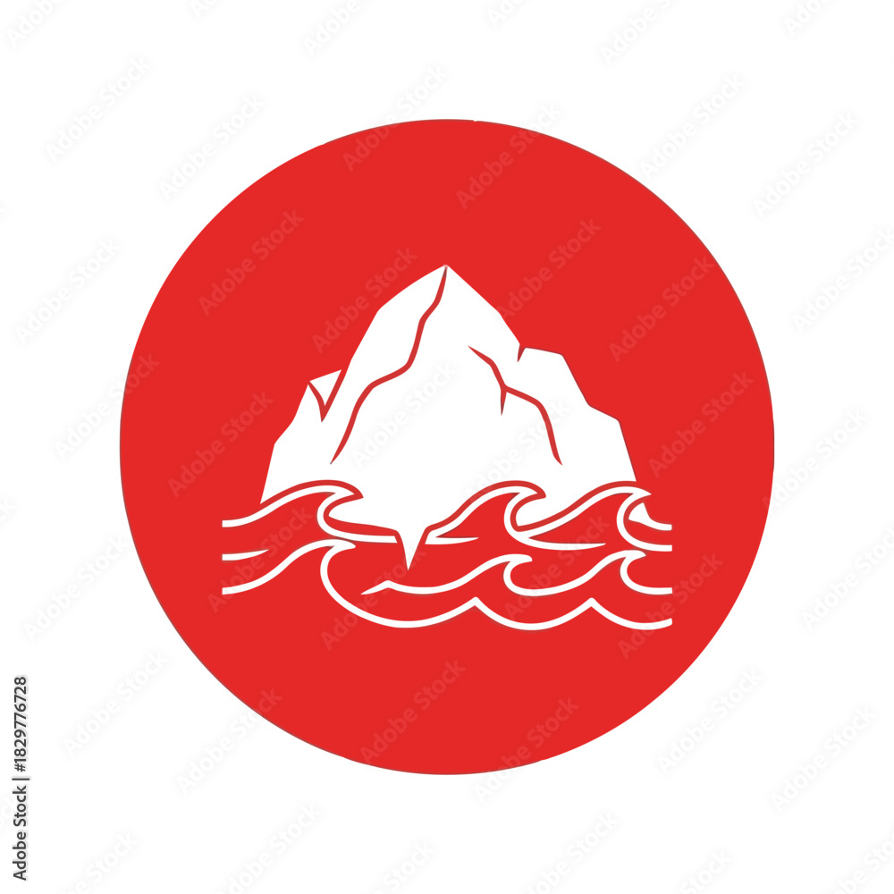 Obraz premium Minimalist iceberg vector icon with waves in red circle Vector