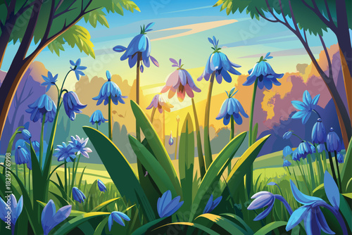 Sunrise in a Flower Meadow Illustration
