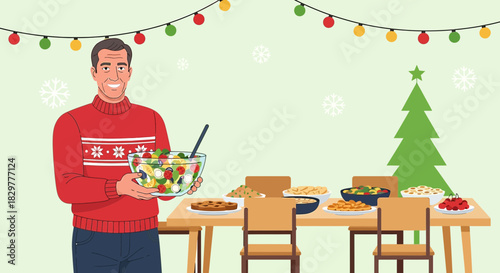 Festive holiday dining: A cheerful man presenting fresh salad for the season feast