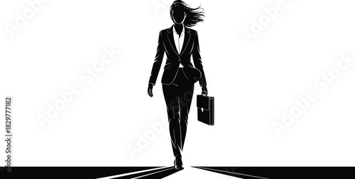 A strong businesswoman silhouette walks confidently forward on a path with perspective lines carrying a briefcase