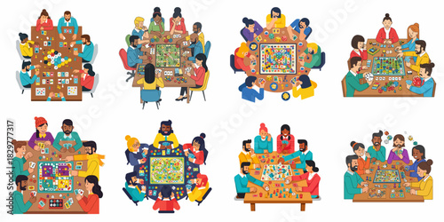 Set of eight vector illustrations depicting diverse groups of happy people playing various modern board games, card games, and tabletop activities together.
