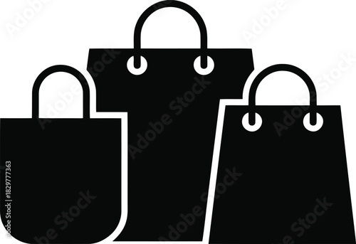 An icon featuring three black rectangular shopping bags with sturdy handles on a bright white surface
