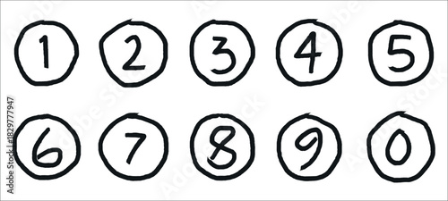 Handwritten numbers in circles for playful educational content, ideal for back to school designs and quirky counting resources for kids.