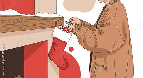 Festive preparation illustration, someone preparing a stocking by a cosy fireplace with toys