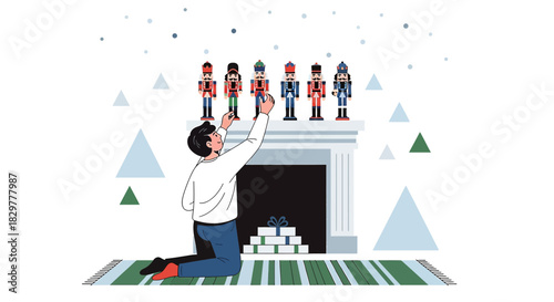 Festive preparation: Placing nutcracker figures on the fireplace for christmas spirit and holiday