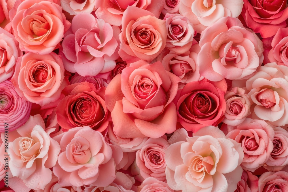 Fototapeta premium Colorful Assortment of Soft Pink and Coral Roses in Full Bloom