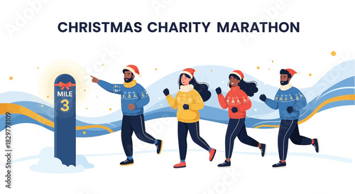 Festive runners in winter charity race with santa hats and sweaters marathon event