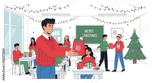 Festive school classroom celebration with students exchanging christmas gifts and holiday cheer