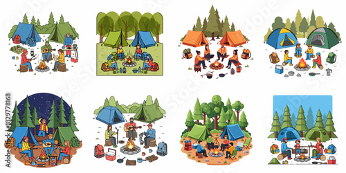 Illustrated collection of diverse camping scenes, showcasing friends and families enjoying outdoor leisure activities like campfires, guitars, and pitching tents in the forest.