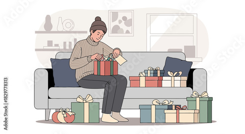 Festive Unwrapping: A Cozy Scene of Gift Opening on a Comfortable Couch at Home