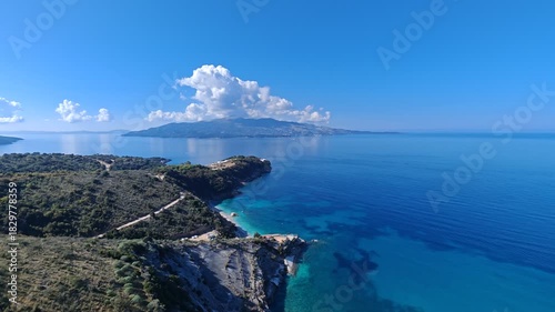 Stunning aerial view of Albania coastline, featuring crystal-clear blue waters, untouched sandy beaches, and natural coastal beauty