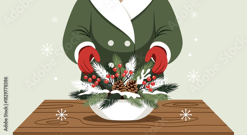 Festive winter arrangement being crafted with evergreen branches and seasonal berries on table