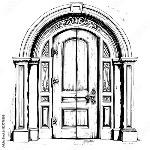 A historical architectural illustration in black-and-white depicting an antique wooden door with carved arch, patterned panels, and ornamental hardware. Strong contrast and delicate shading mimic trad