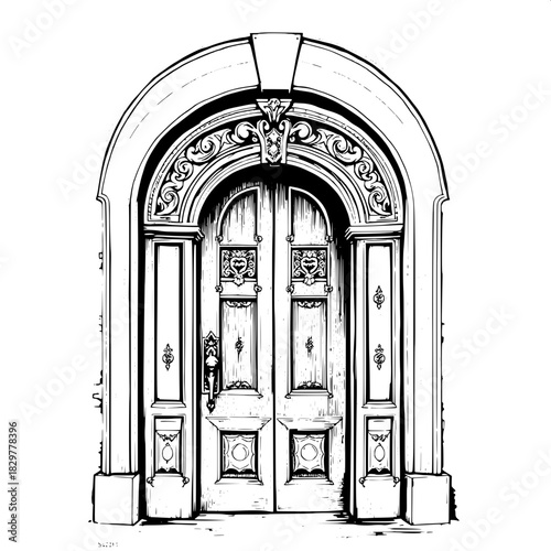 A historical architectural illustration in black-and-white depicting an antique wooden door with carved arch, patterned panels, and ornamental hardware. Strong contrast and delicate shading mimic trad