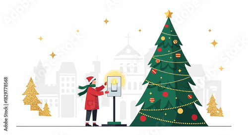 Festive winter illustration of person lighting up candle with decorated christmas tree