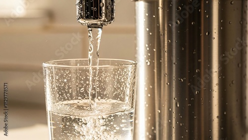 Wallpaper Mural Close Up Photo of a Modern Kitchen Water Filter Dispensing Clear Purified Water Into a Glass, With Droplets Sparkling Under Bright Lighting Torontodigital.ca