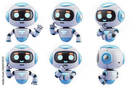 Cute friendly AI chatbot robot 3D vector set with different screen face emotions isolated on white background